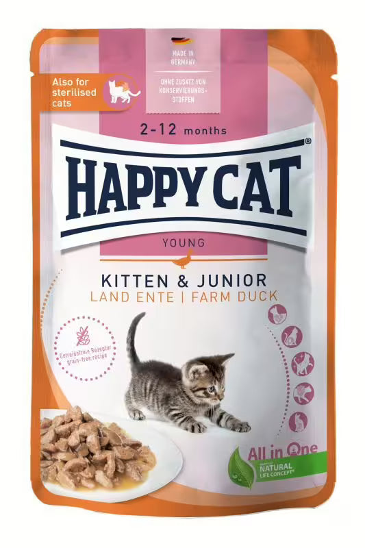 Пауч за котки Happy Cat Kitten & Junior Farm Duck с патешко месо, без зърнени съставки