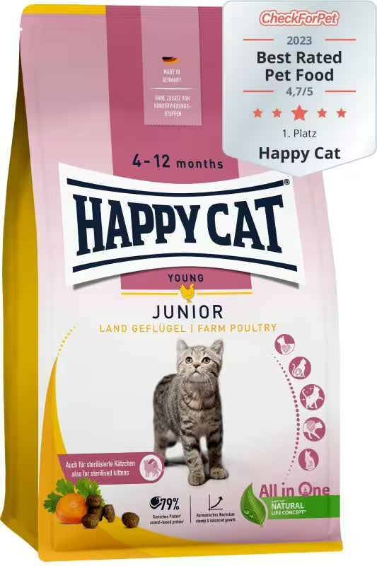 Храна за котки Happy Cat Young Junior Farm Poultry с птиче месо за млади котки