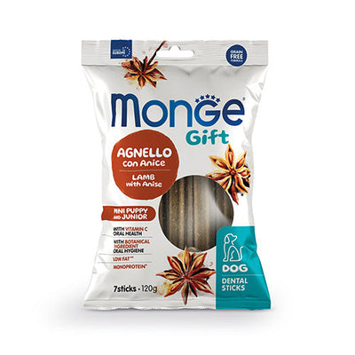 Monge Gift Dental Sticks Puppy&Junior Mini - дентални стикове за подрастващи кученца от мини породи с агнешко и анасон - снимка 1 от 3