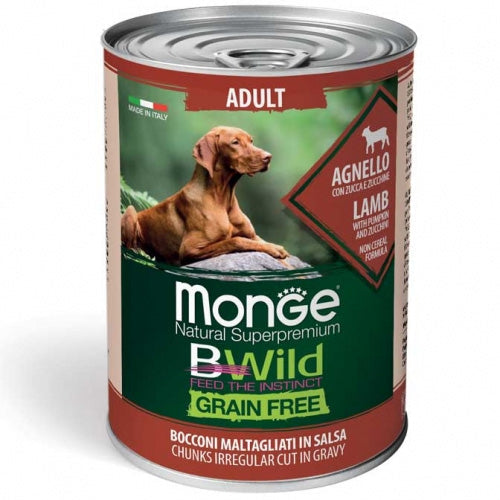 Консерва хапки за кучета Monge BWILD Grain Free Adult с агнешко, тиква&тиквички - снимка 1 от 2