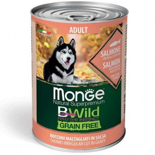 Консерва хапки за кучета Monge BWILD Grain Free Adult със сьомга, тиква&тиквички - снимка 1 от 2