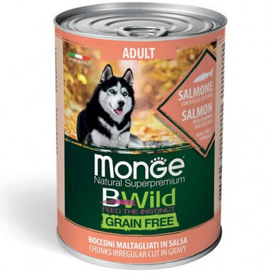 Консерва хапки за кучета Monge BWILD Grain Free Adult със сьомга, тиква&тиквички - снимка 1 от 2