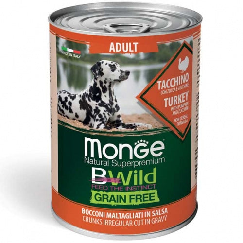 Консерва хапки за кучета Monge BWILD Grain Free Adult с пуешко, тиква&тиквички - снимка 1 от 2