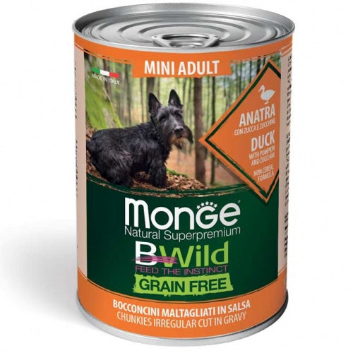 Консерва хапки за кучета Monge BWILD Grain Free Mini Adult с патешко, тиква&тиквички - снимка 1 от 2