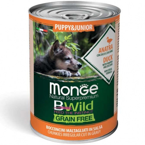 Консерва хапки за кученца Monge BWILD Grain Free Puppy&Junior с патешко, тиква&тиквички - снимка 1 от 2
