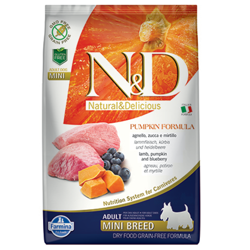 Храна за кучета с тиква, агнешко и боровинки N&D Adult Mini - снимка 1 от 4
