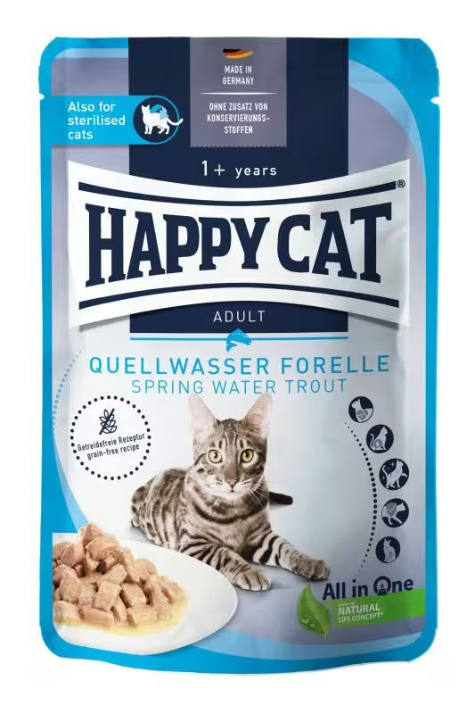 Пауч за котки Happy Cat Culinary Spring-Water Trout с пъстърва в сос, без зърнени съставки