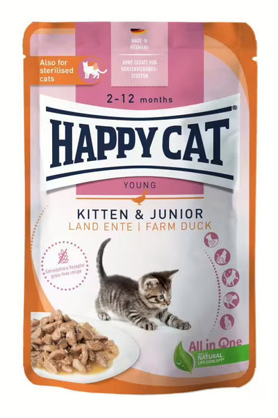 Пауч за котки Happy Cat Kitten & Junior Farm Duck с патешко месо, без зърнени съставки