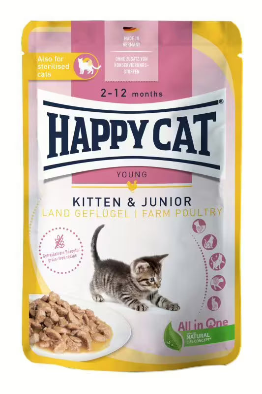 Пауч за котки Happy Cat Kitten & Junior Farm Poultry с птиче месо, без зърнени съставки