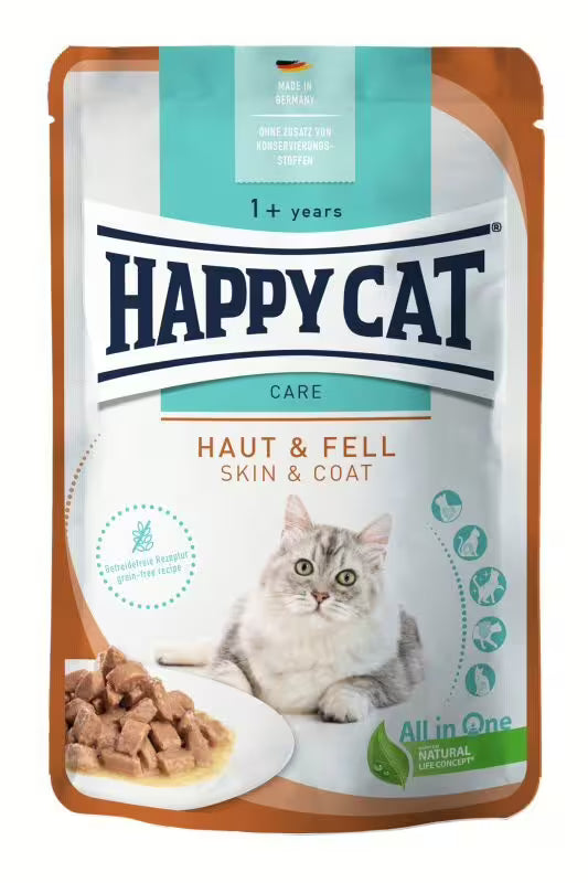 Пауч за котки Happy Cat Sensitive Skin & Coat за кожа и козина със сьомга, без зърнени съставки