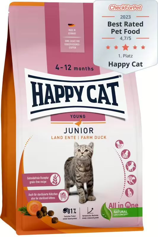 Храна за котки Happy Cat Young Junior Farm Duck с патешко, без зърнени съставки