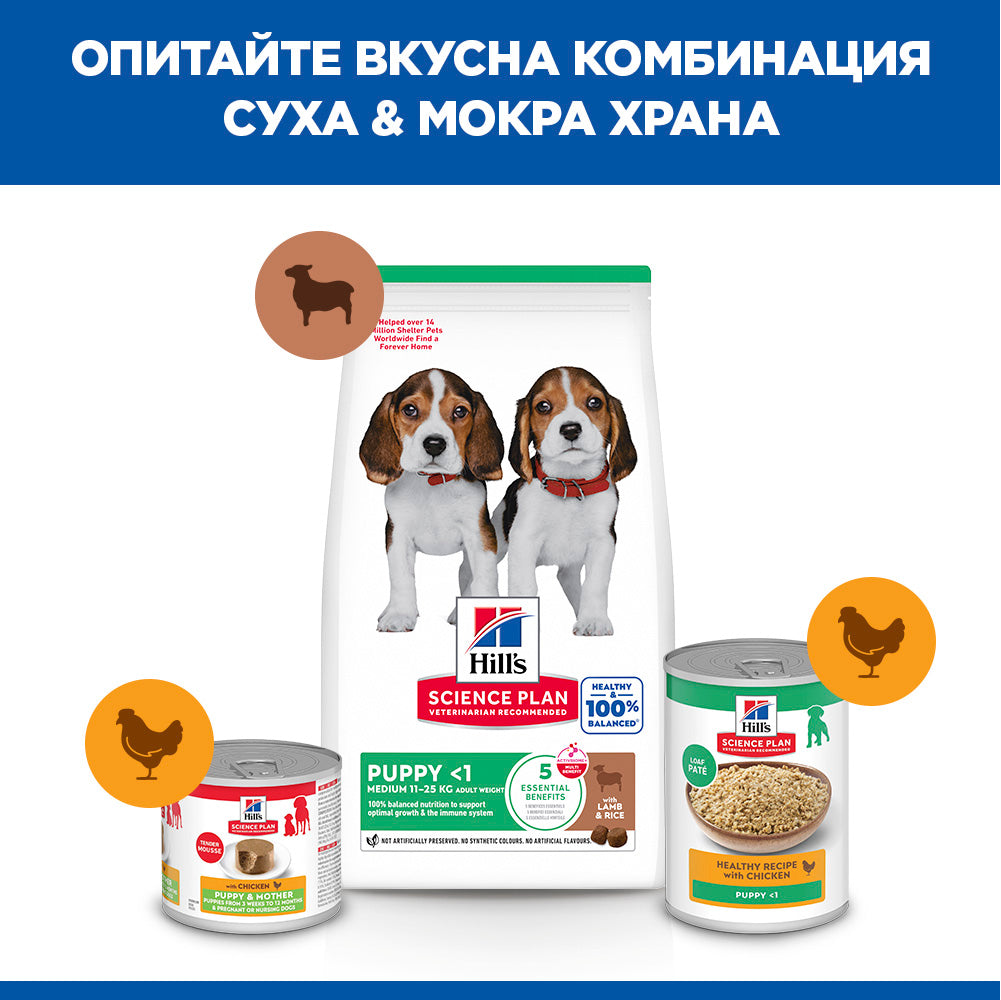 Hill's Science Plan Puppy Medium с агнешко & ориз – комбинация суха и мокра храна