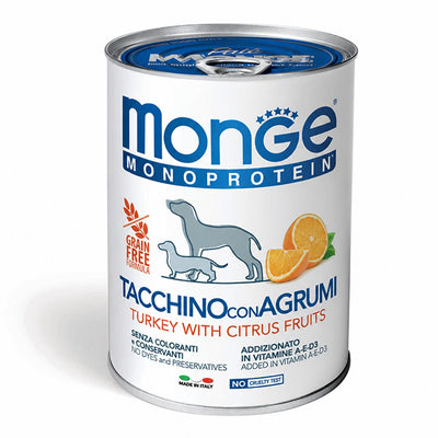 Консерва Monge Fruit Pate с пуешко и цитрусови плодове за кучета (Grain Free) – опаковка