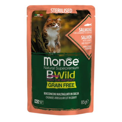Пауч Monge BWild Grain Free Sterilised със сьомга, скариди и зеленчуци – опаковка